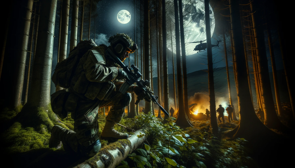 A military infiltrator in camouflaged gear moves stealthily through a moonlit forest, with an enemy camp visible in the distance.